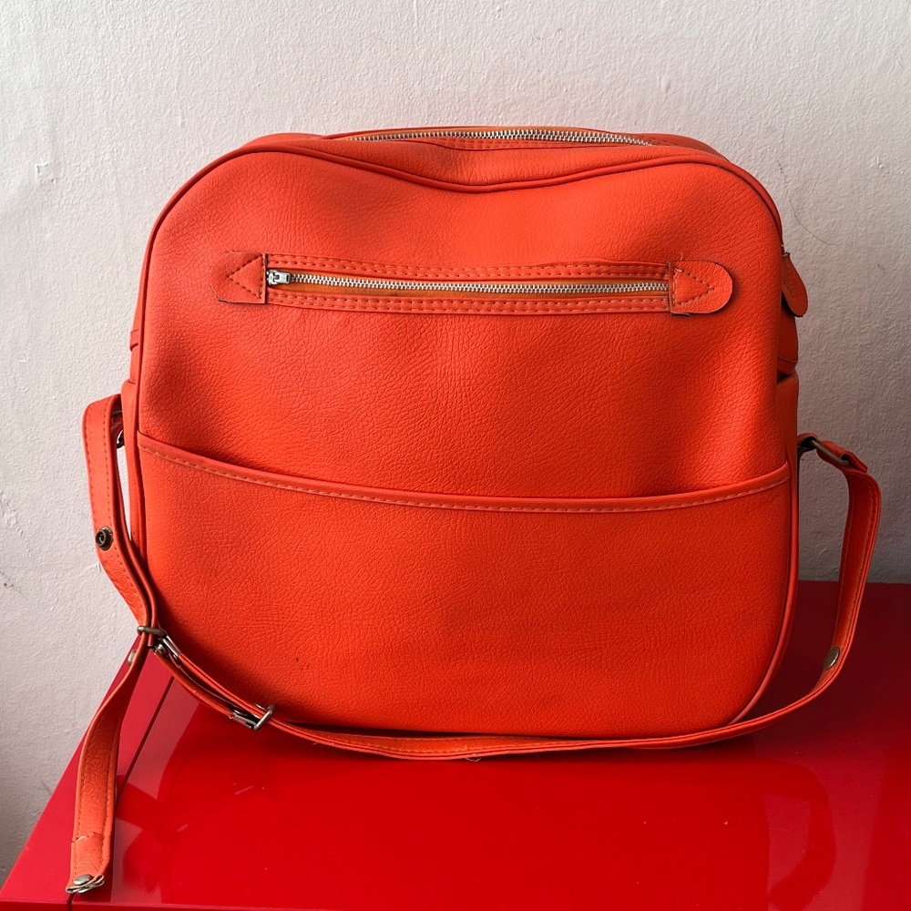 Vintage 1960's Orange Vinyl Travel Mod Bag - Overnight Flight Bag